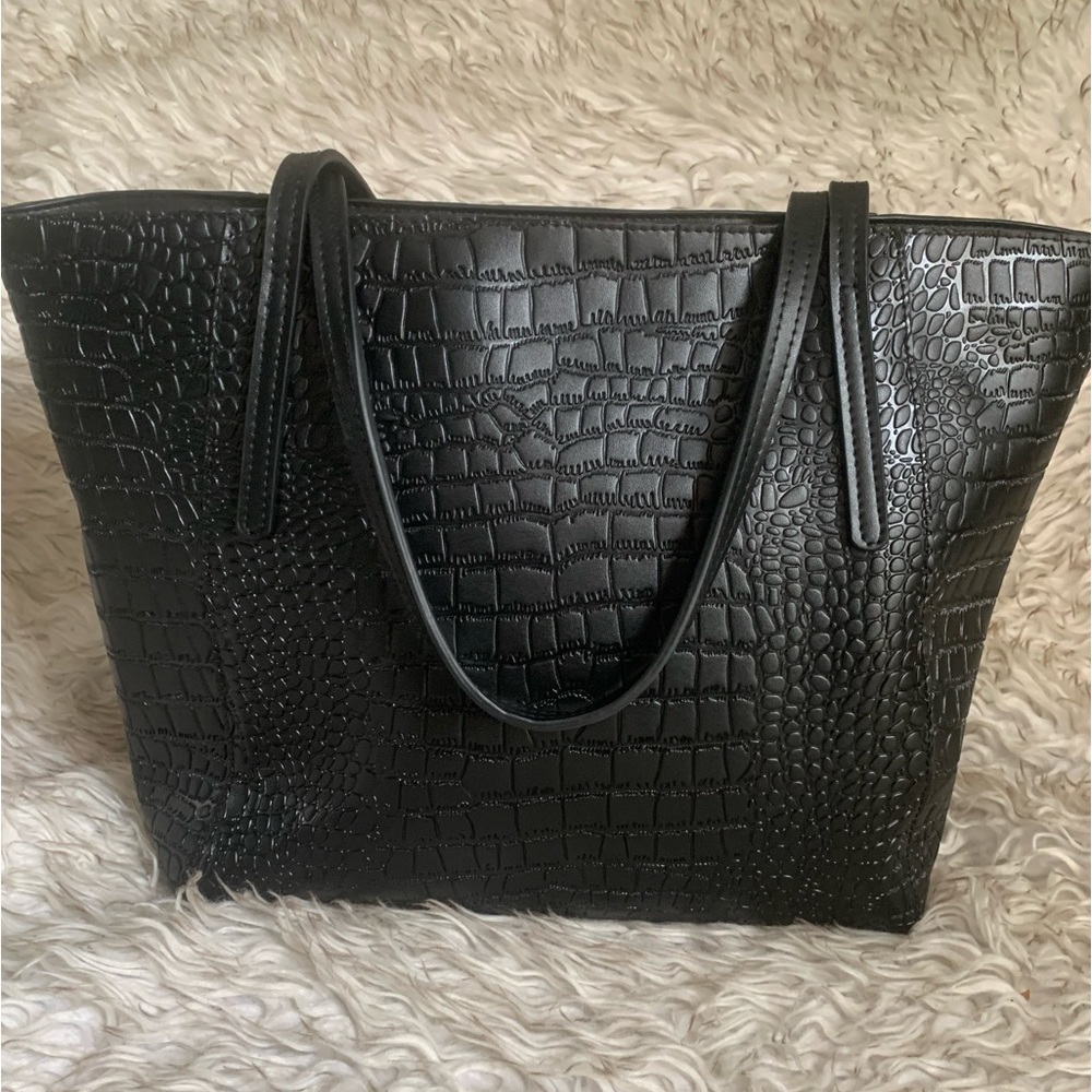 Faux Embossed Crocodile Tote in Black